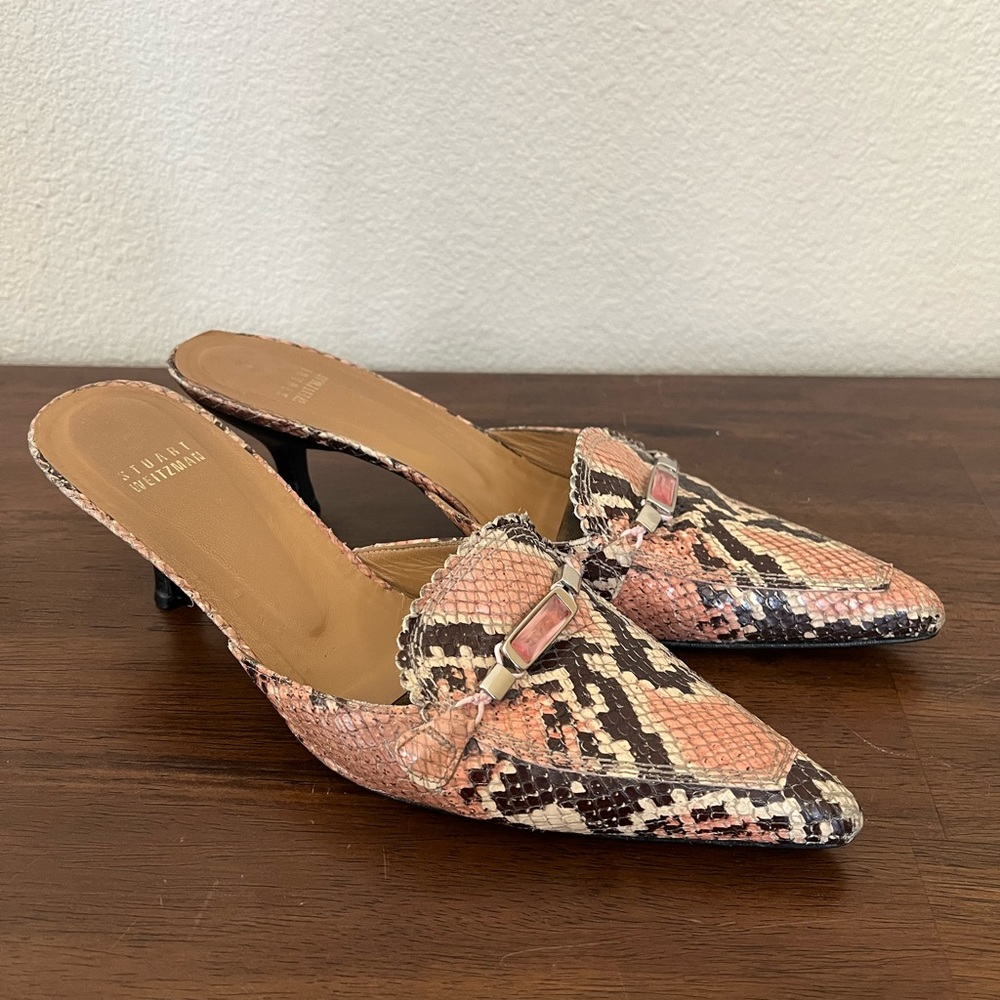 Stuart Weitzman  Leather Heels Pink Kitten Pointy Toe Snakeskin